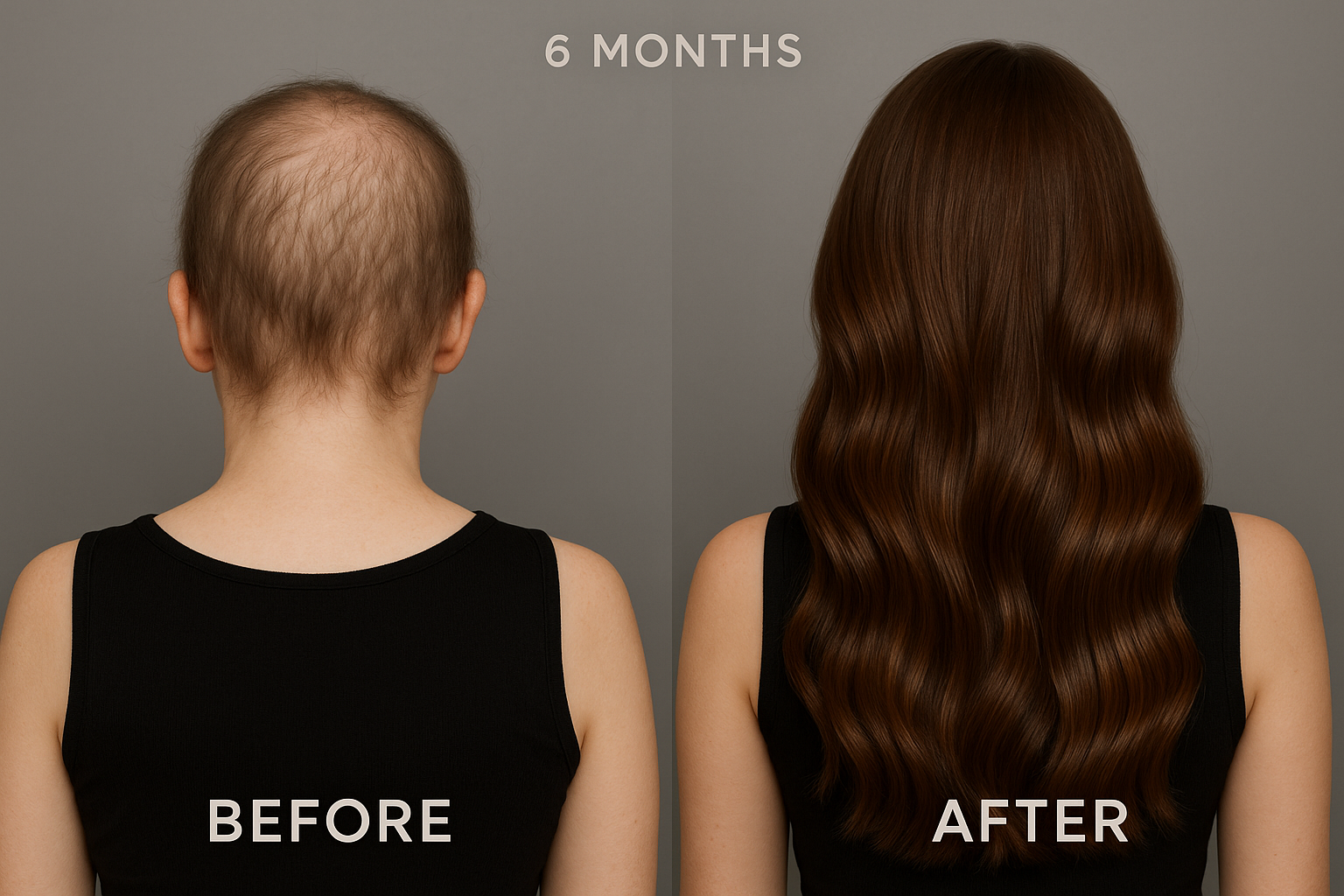 6-month hair growth progression showing dramatic results