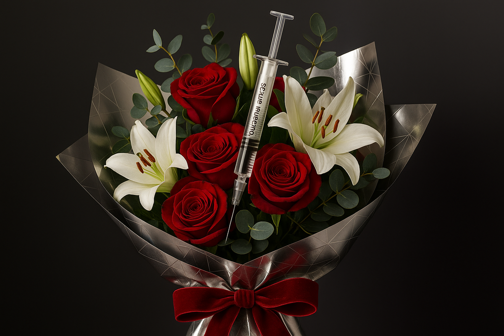 Bold syringe in wrapped red rose bouquet with silver paper