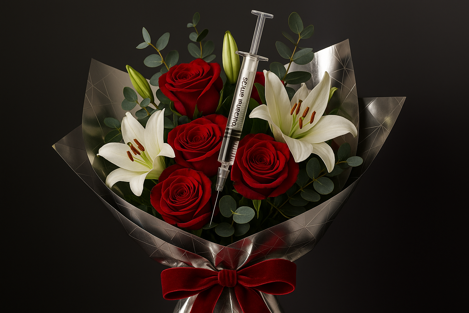 Bold syringe in wrapped red rose bouquet with silver paper