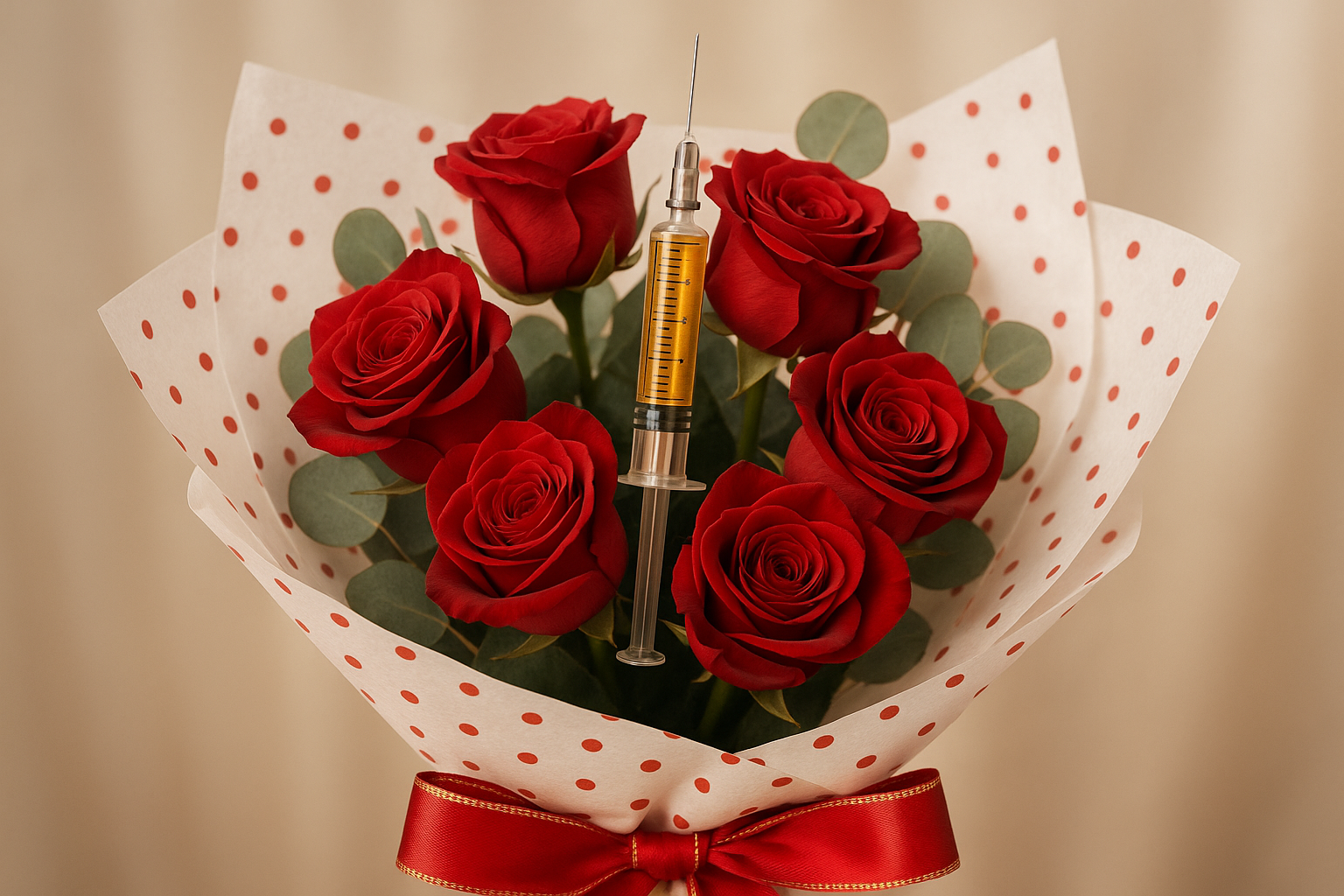 Classic syringe in wrapped red roses with polka dot paper