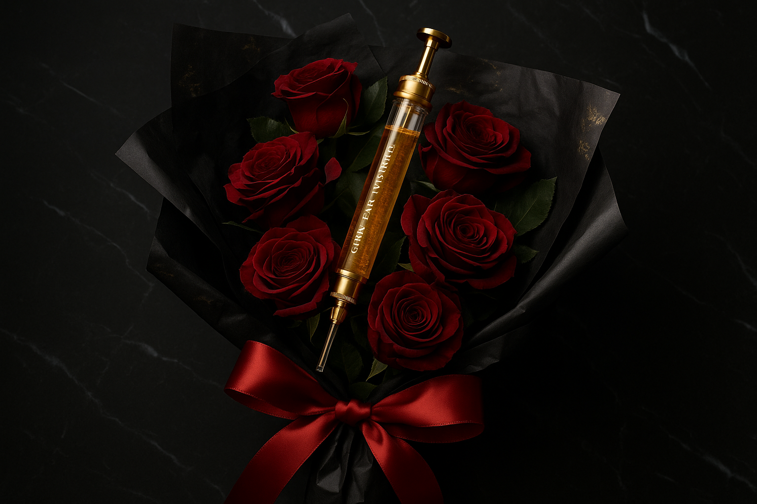 Elegant curly hair syringe in wrapped red roses with black paper