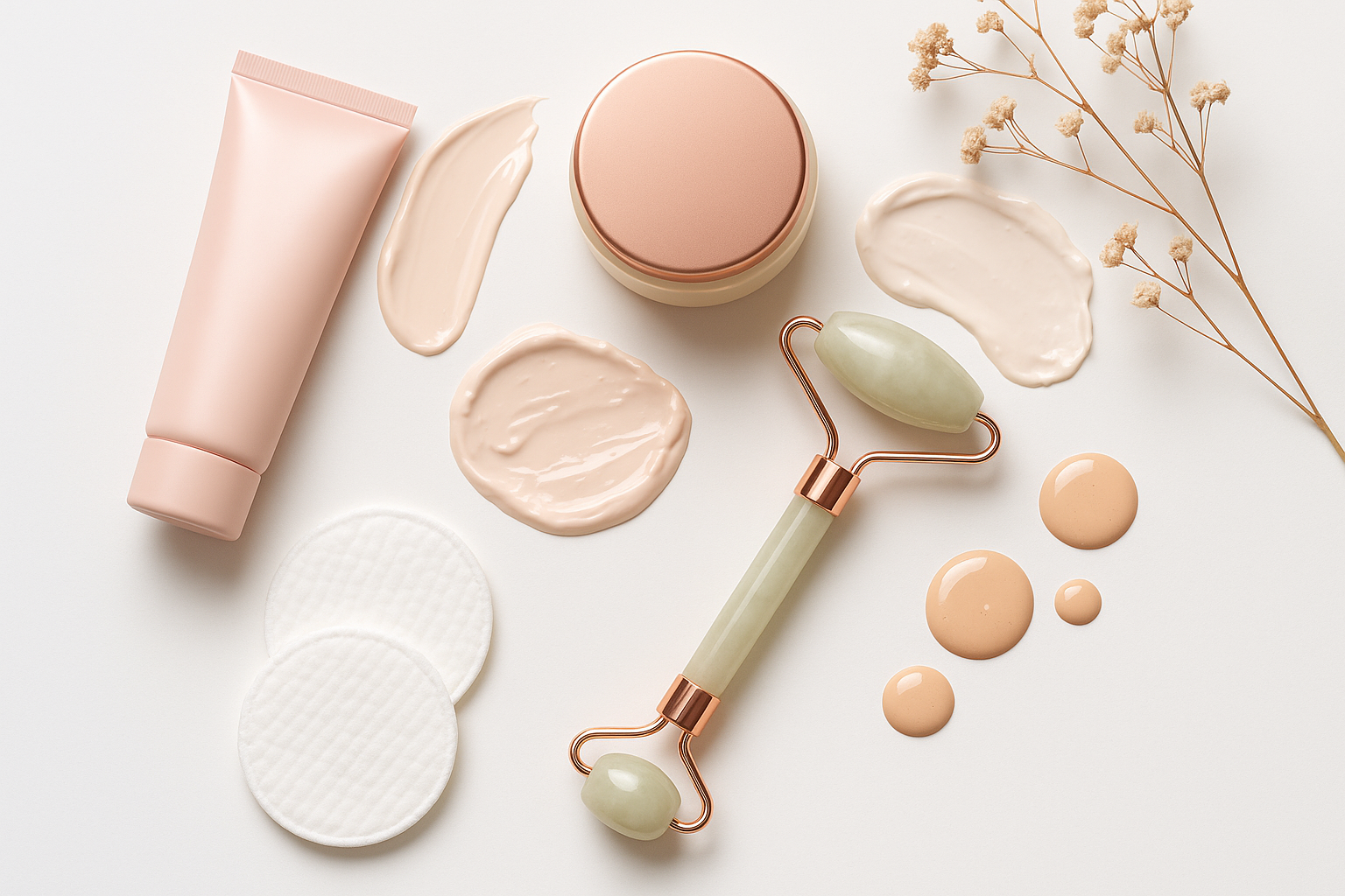 Elegant skincare flat lay with rose gold accents