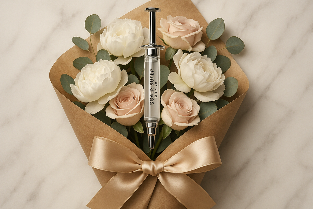 Elegant syringe in wrapped peony and rose bouquet