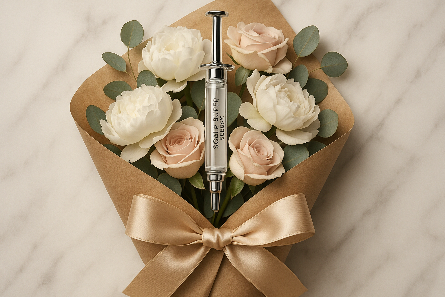 Elegant syringe in wrapped peony and rose bouquet