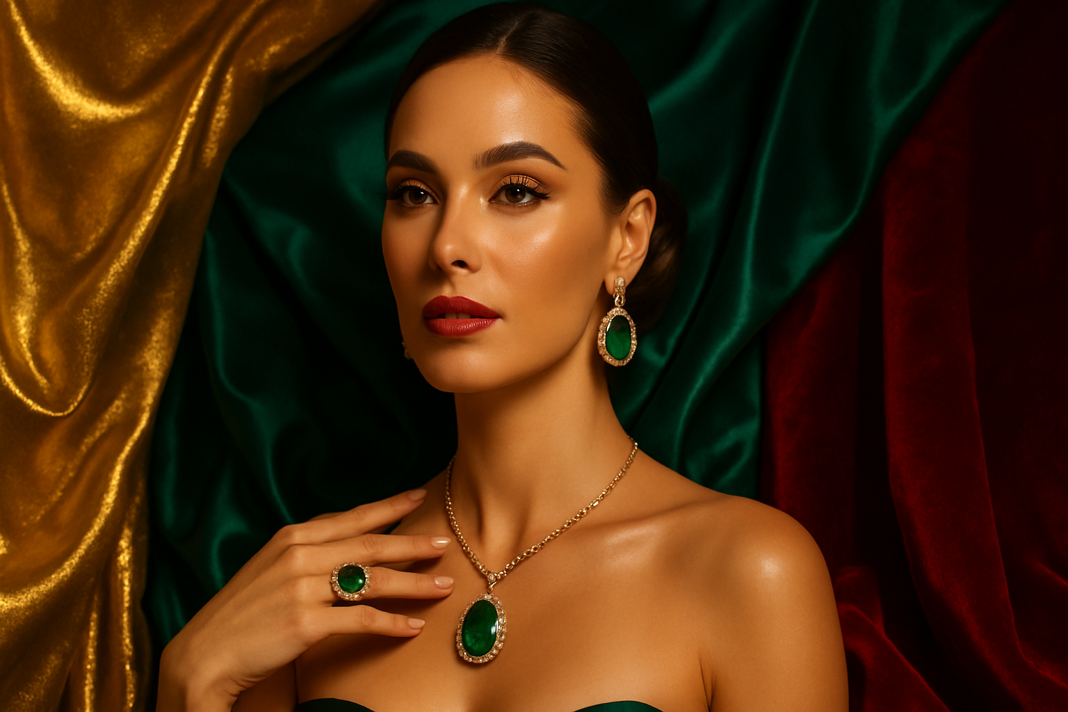 Gorgeous woman dripping in luxury with gold, emerald and red background