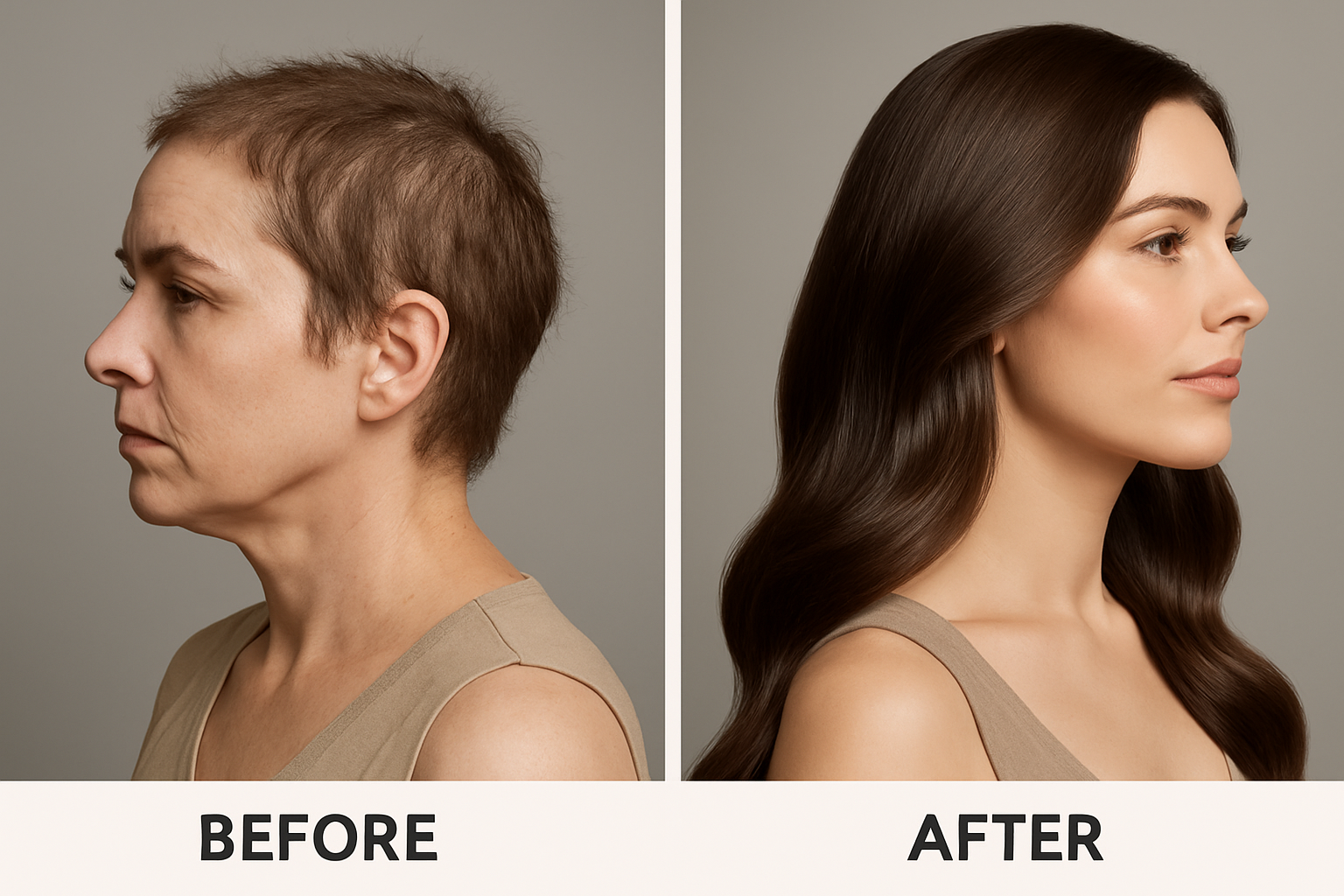Hair growth transformation - woman with dramatic length and thickness increase