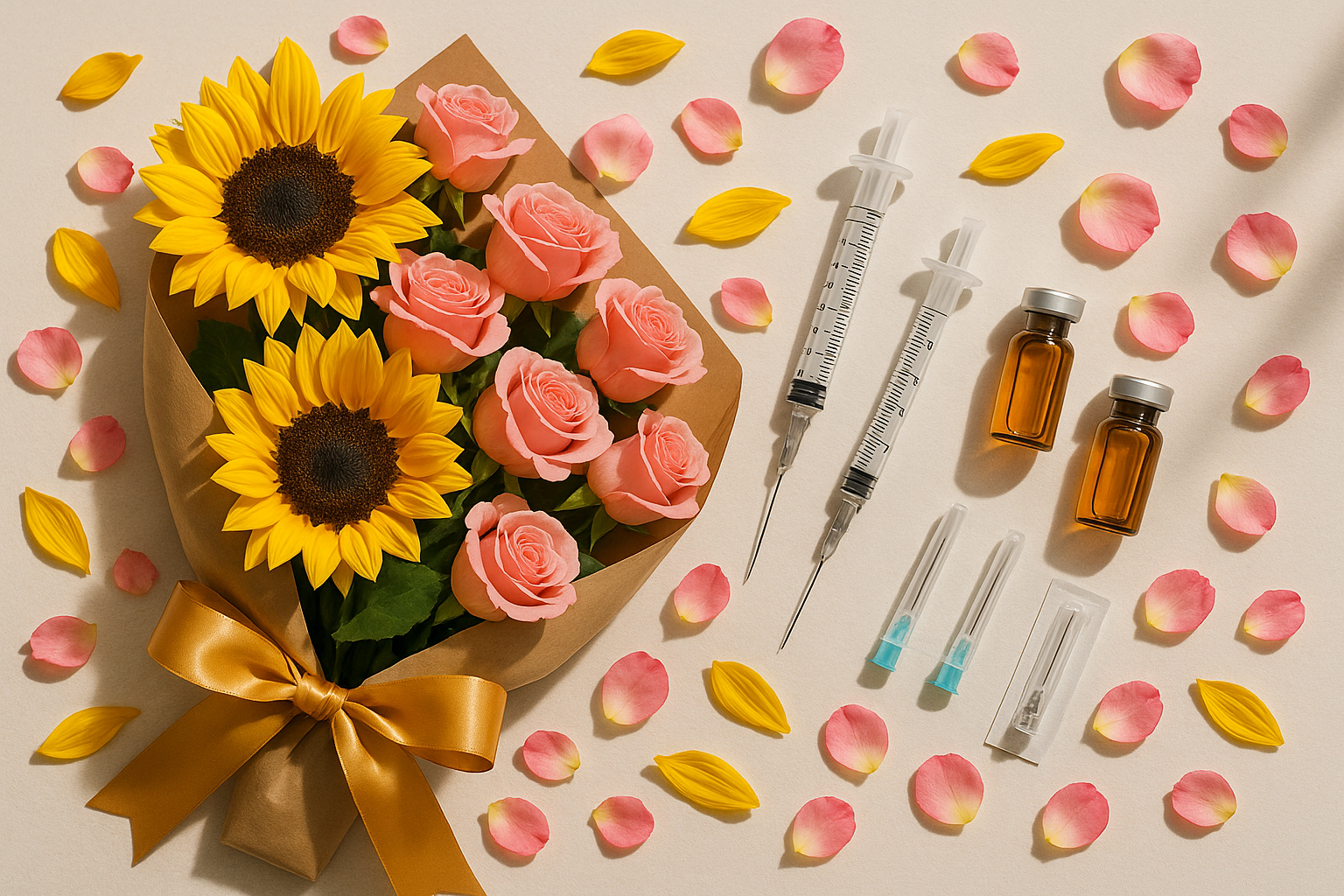 Injectable Routine Flat Lay with Wrapped Flowers