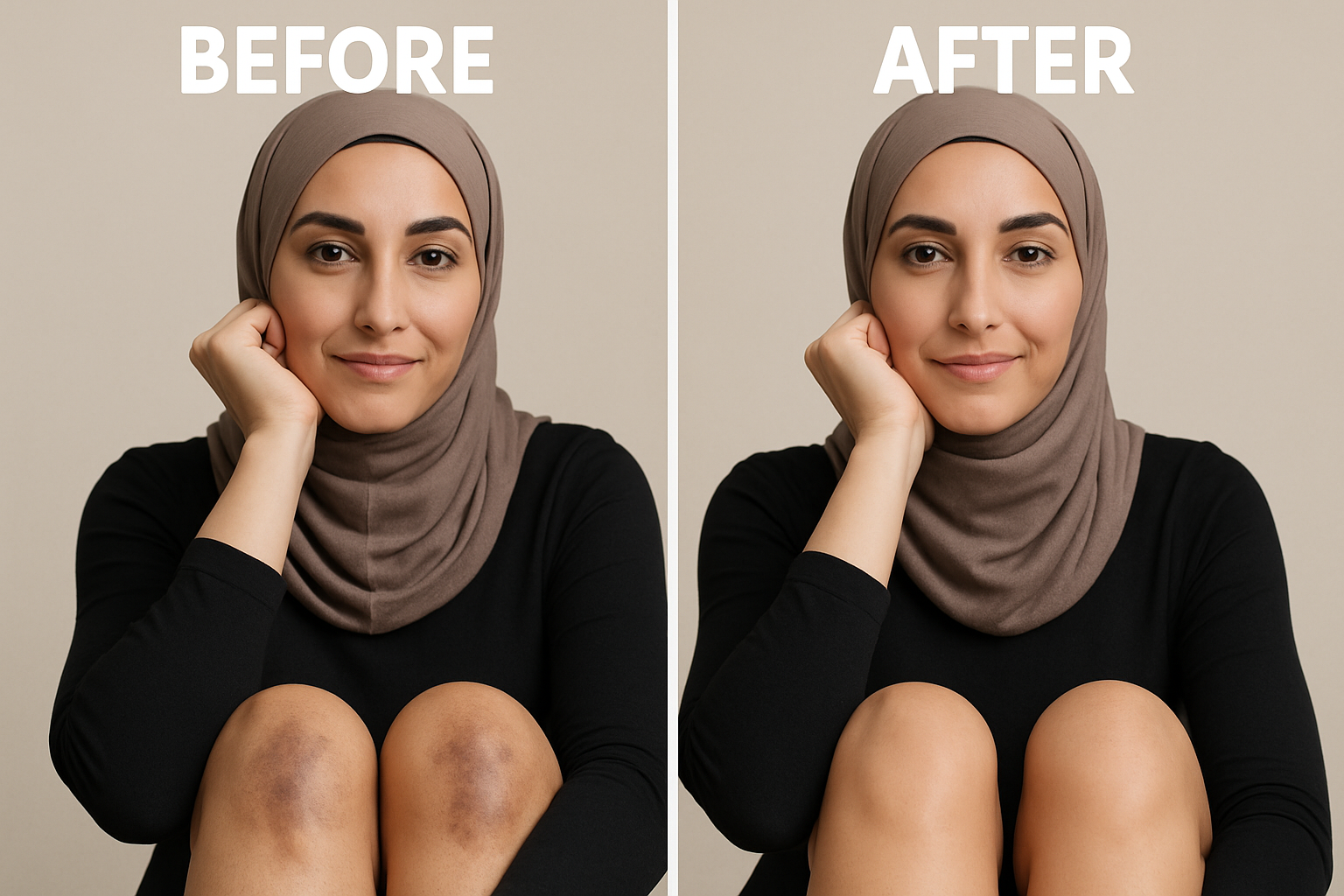 Knee discoloration removal preserving skin color