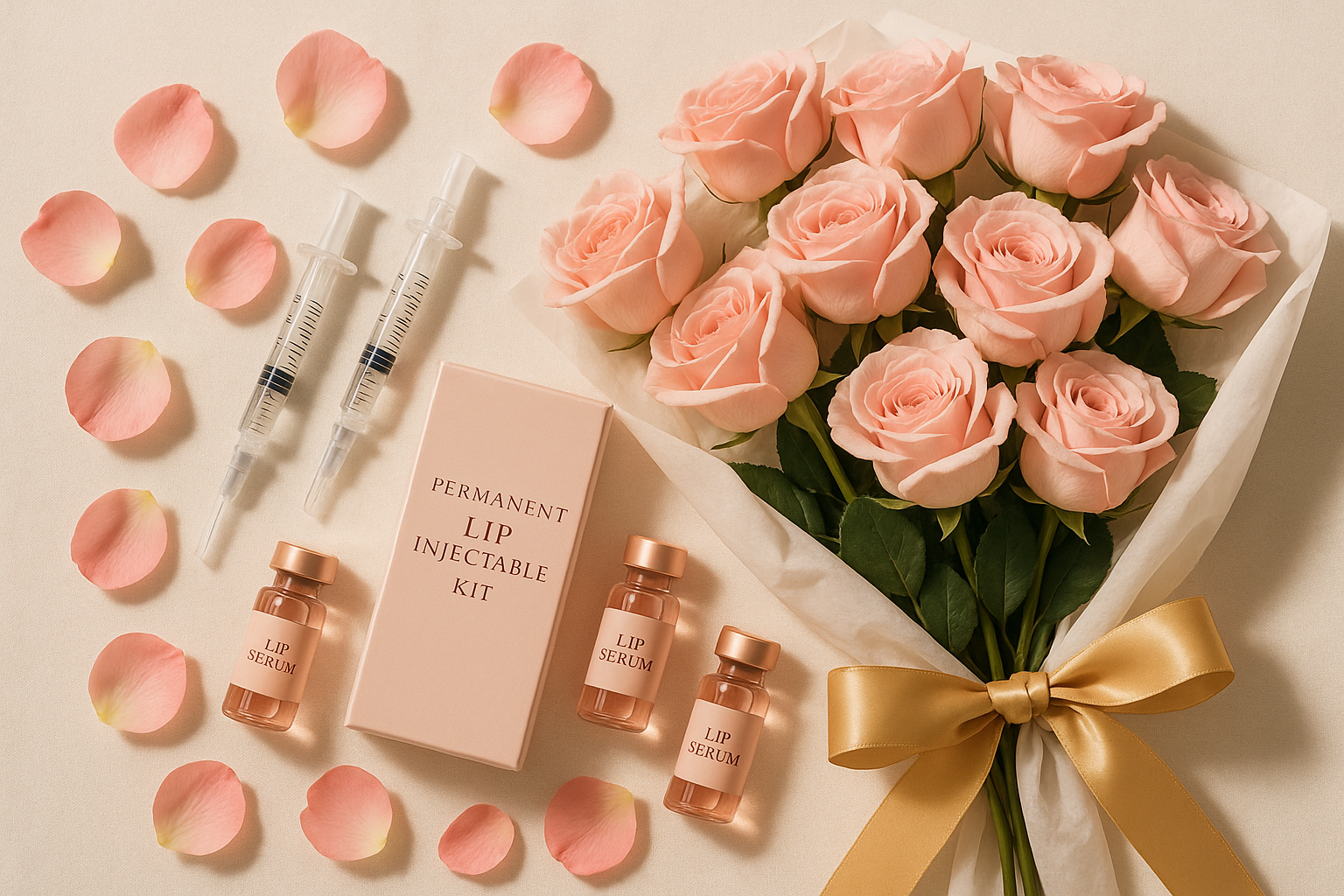 Lip Injectable Flat Lay with Pink Roses