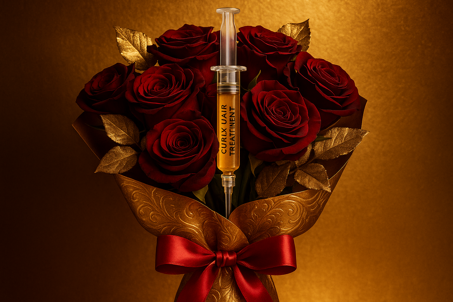 Luxury syringe in wrapped red roses with gold metallic paper
