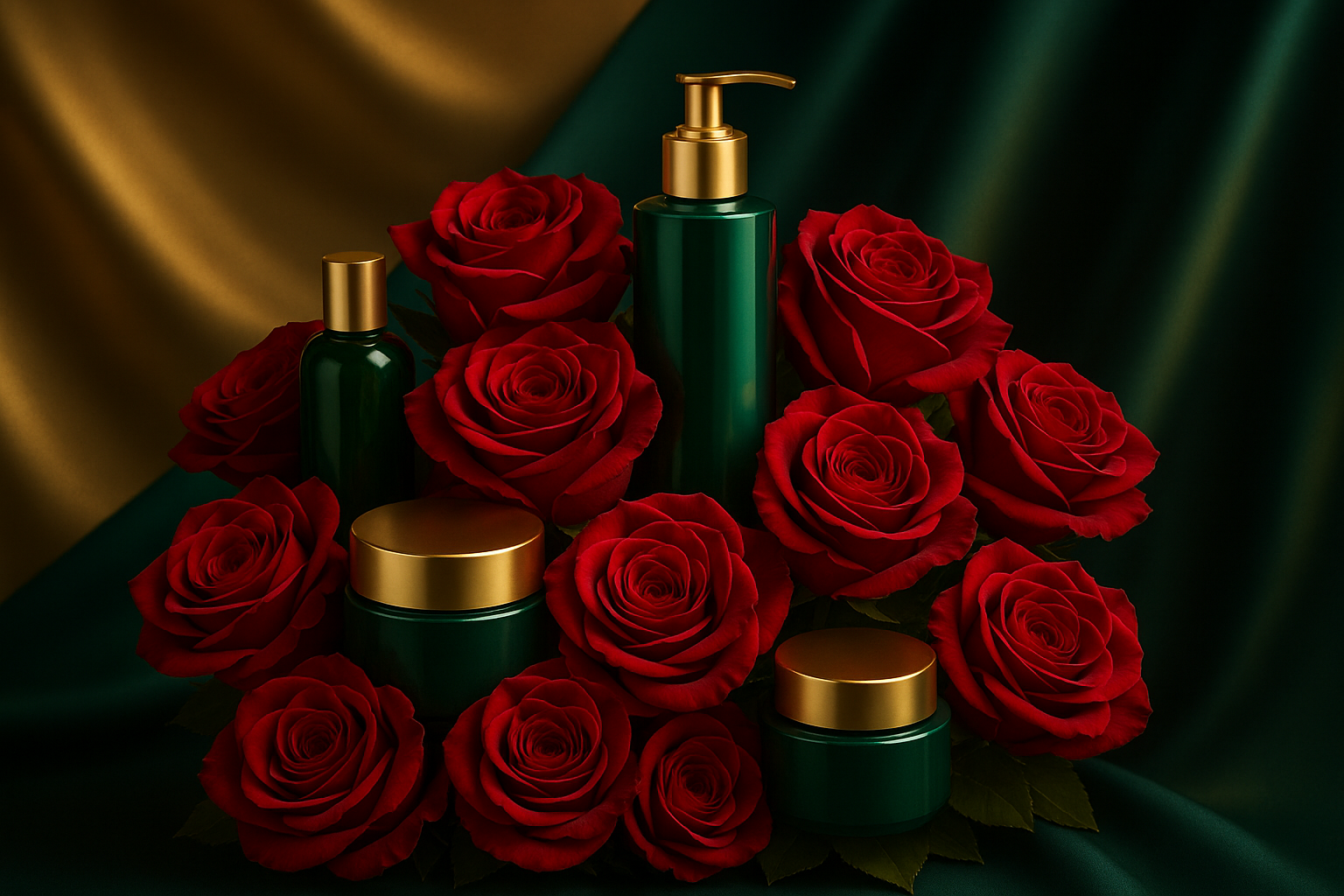 Red roses bouquet with skincare packaging integrated