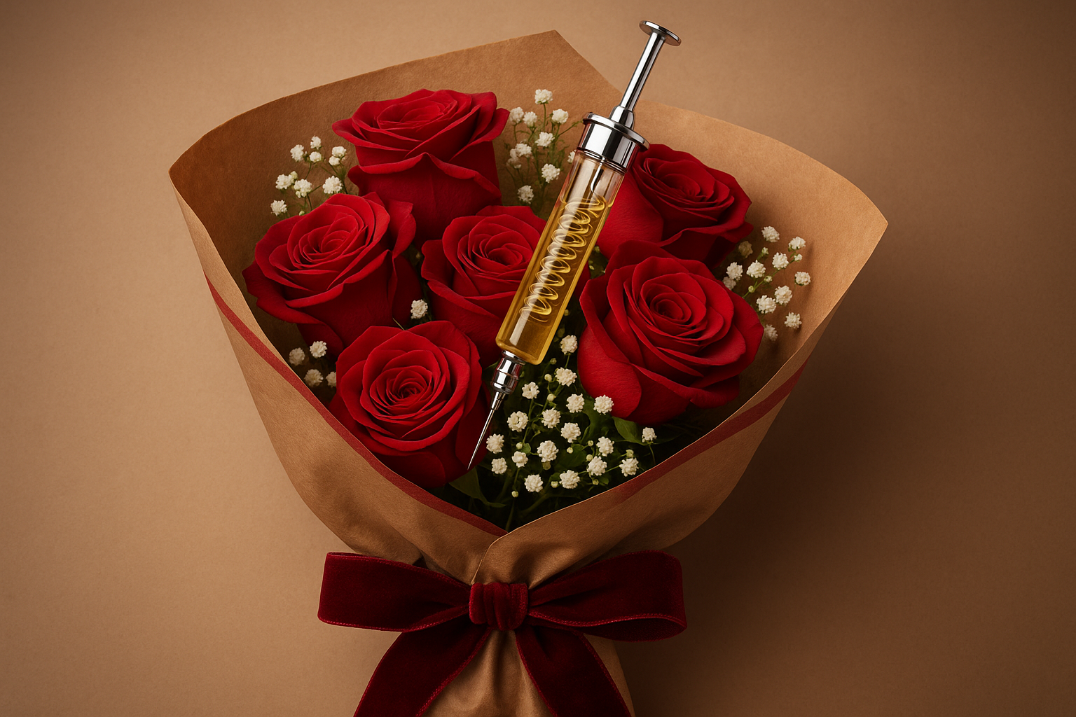 Rustic elegance syringe in wrapped red roses with kraft paper