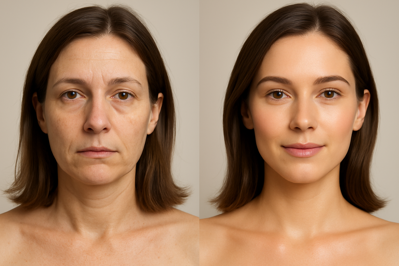 Same woman before and after skincare transformation