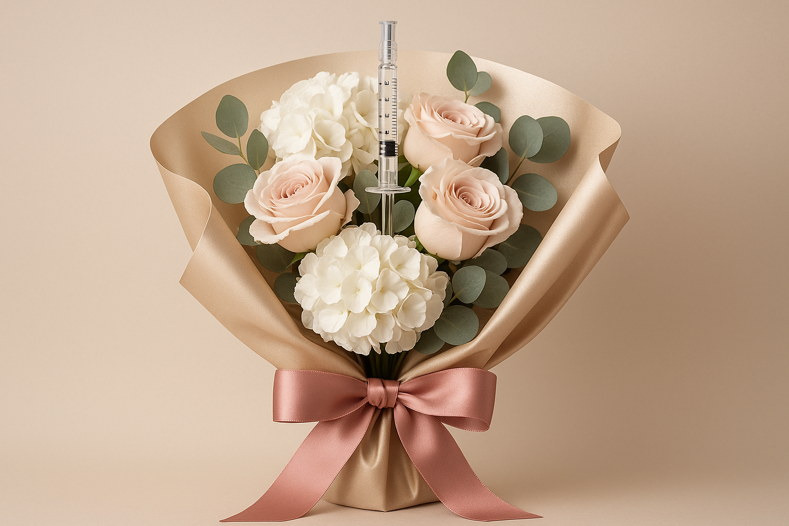 Sophisticated syringe in wrapped hydrangea bouquet with silk paper