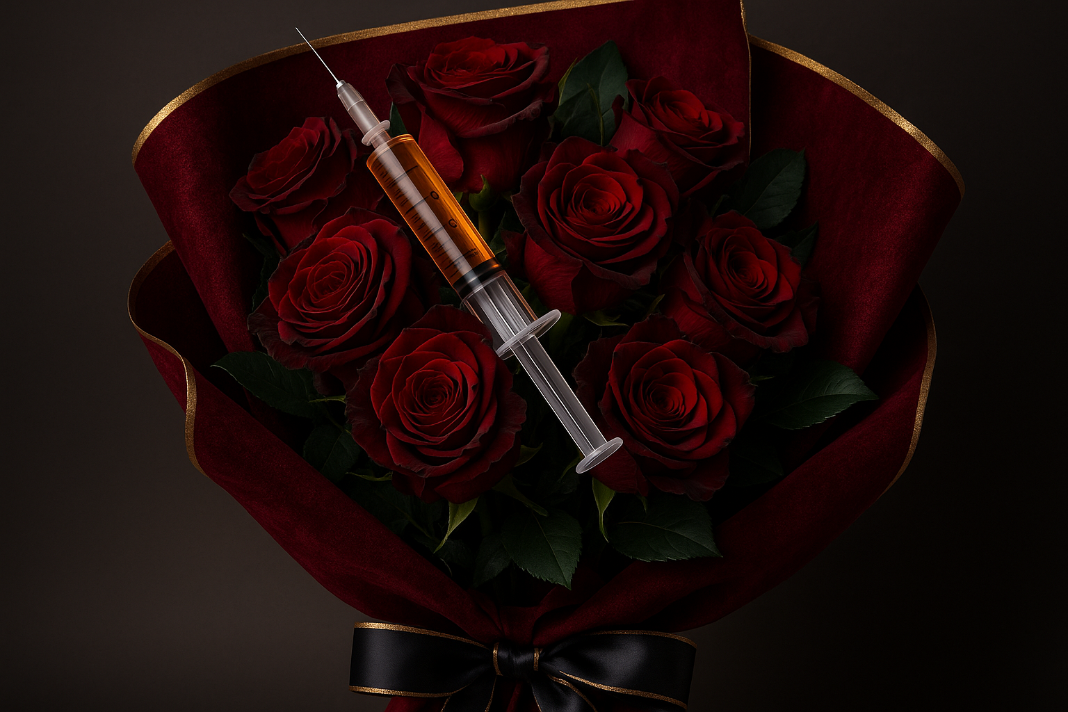 Sophisticated syringe in wrapped red roses with velvet paper