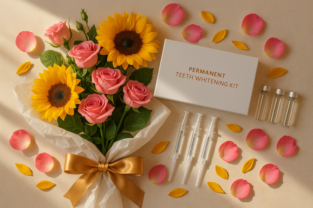 Teeth Whitening Flat Lay with Mixed Flowers