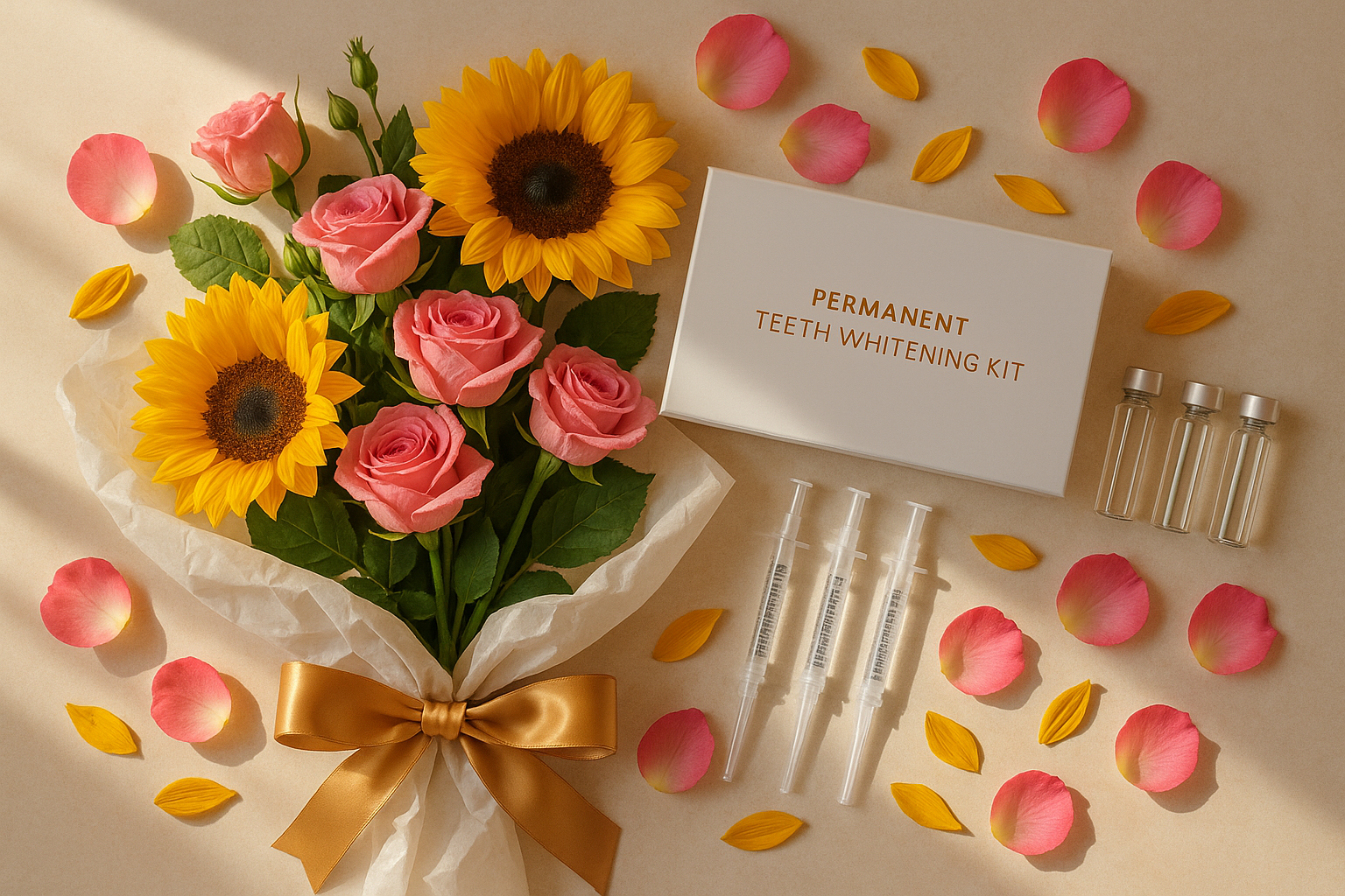 Teeth Whitening Flat Lay with Mixed Flowers